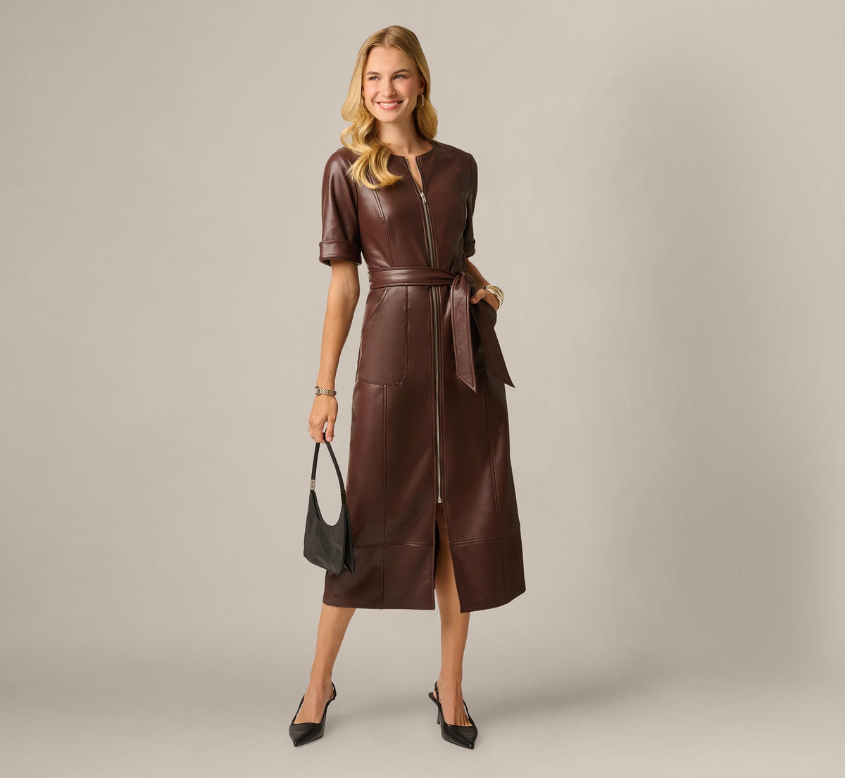 Short Sleeve Faux Leather Everyday Midi Dress - Coffee | Adrianna Papell