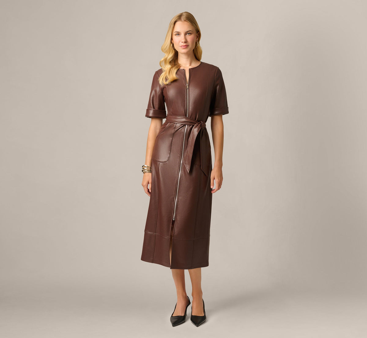 Short Sleeve Faux Leather Everyday Midi Dress - Coffee | Adrianna Papell