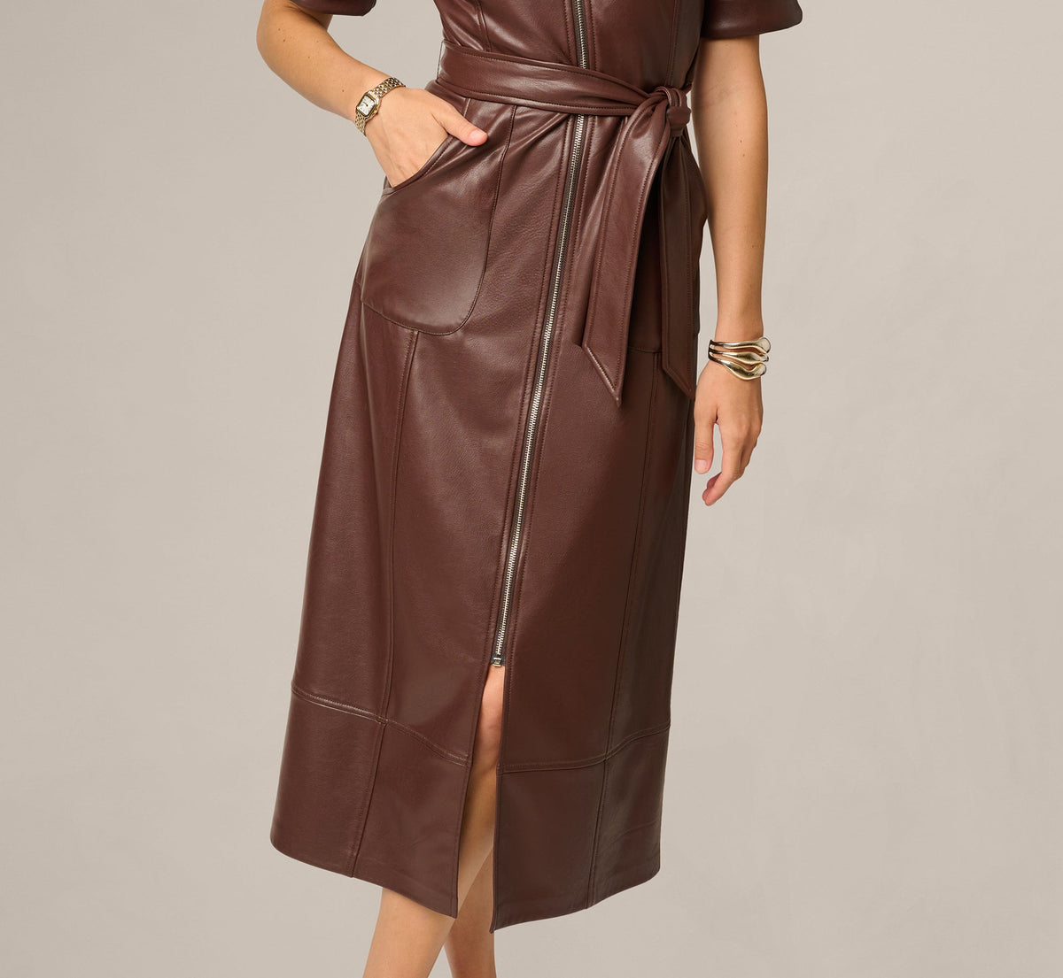 Short Sleeve Faux Leather Everyday Midi Dress - Coffee | Adrianna Papell