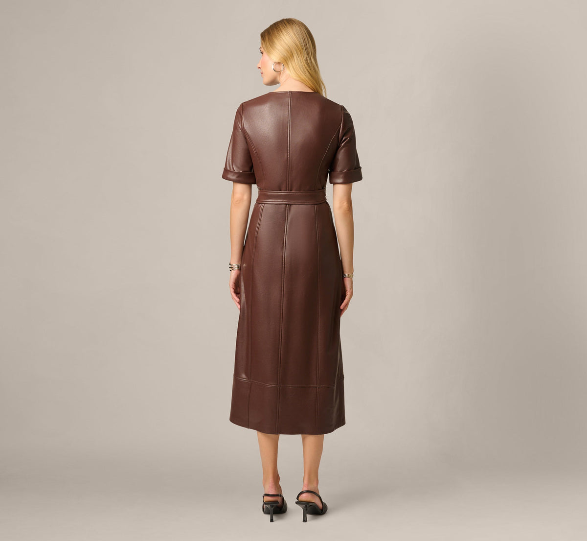 Short Sleeve Faux Leather Everyday Midi Dress - Coffee | Adrianna Papell