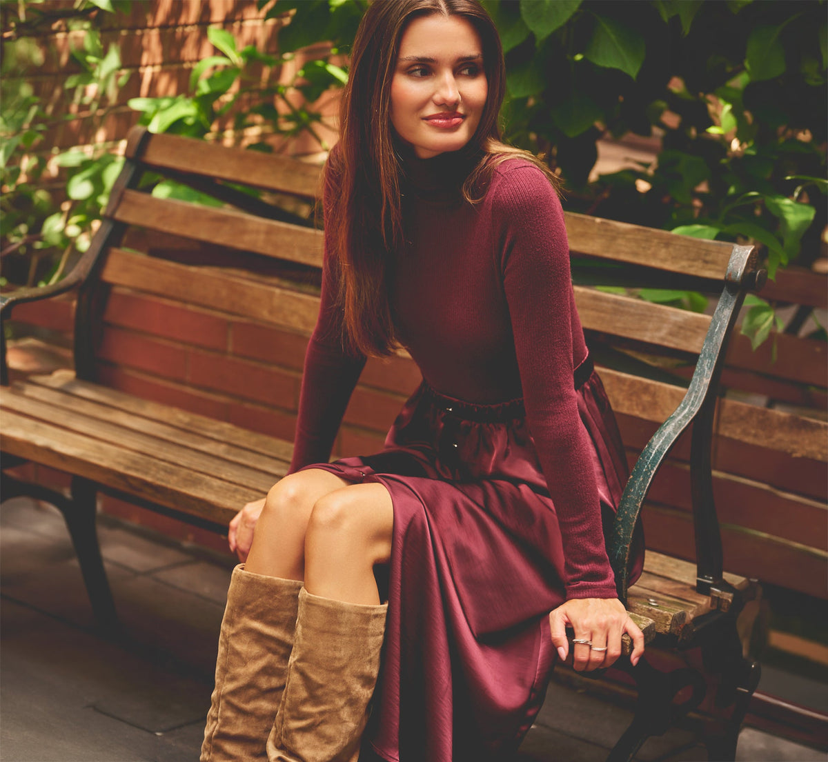 Long Sleeve Satin Combo Amelia Midi Dress - Cherry Lacquer | Adrianna Papell