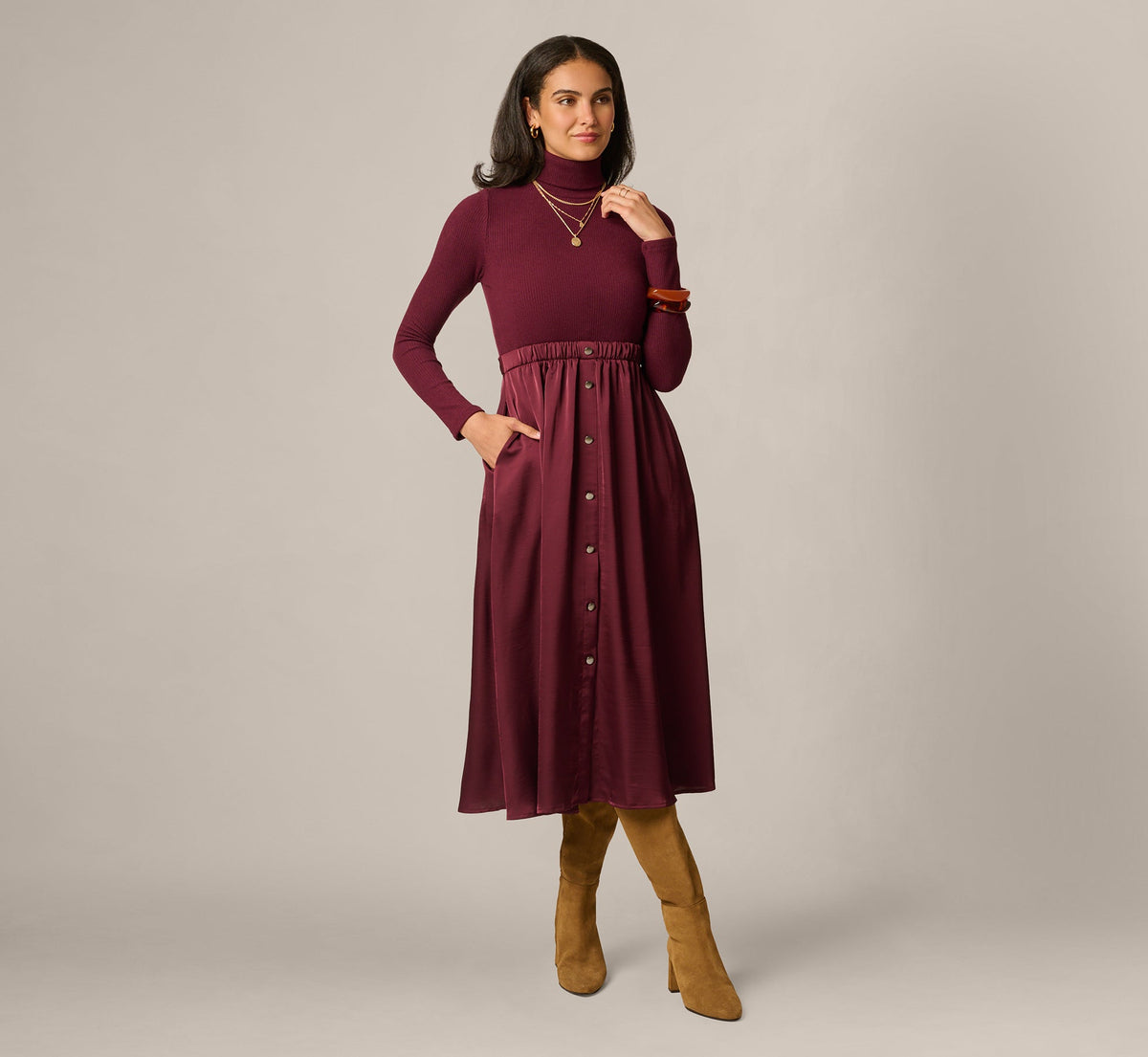 Long Sleeve Satin Combo Amelia Midi Dress - Cherry Lacquer | Adrianna Papell