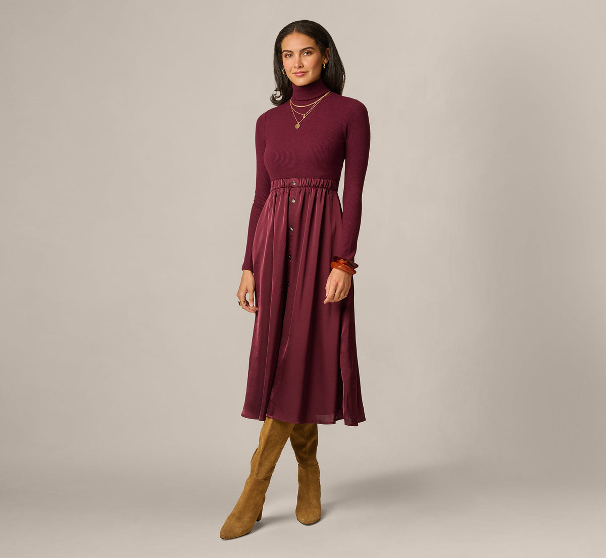 Long Sleeve Satin Combo Amelia Midi Dress - Cherry Lacquer | Adrianna Papell