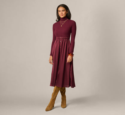 Long Sleeve Satin Combo Amelia Midi Dress - Cherry Lacquer | Adrianna Papell