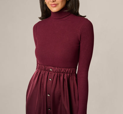 Long Sleeve Satin Combo Amelia Midi Dress - Cherry Lacquer | Adrianna Papell