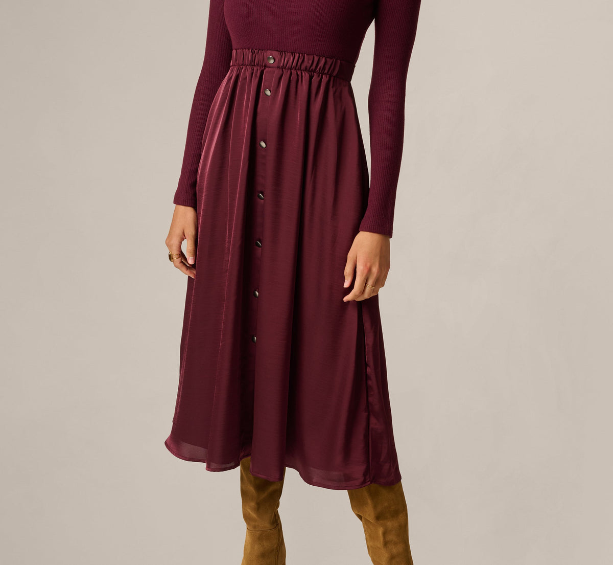 Long Sleeve Satin Combo Amelia Midi Dress - Cherry Lacquer | Adrianna Papell