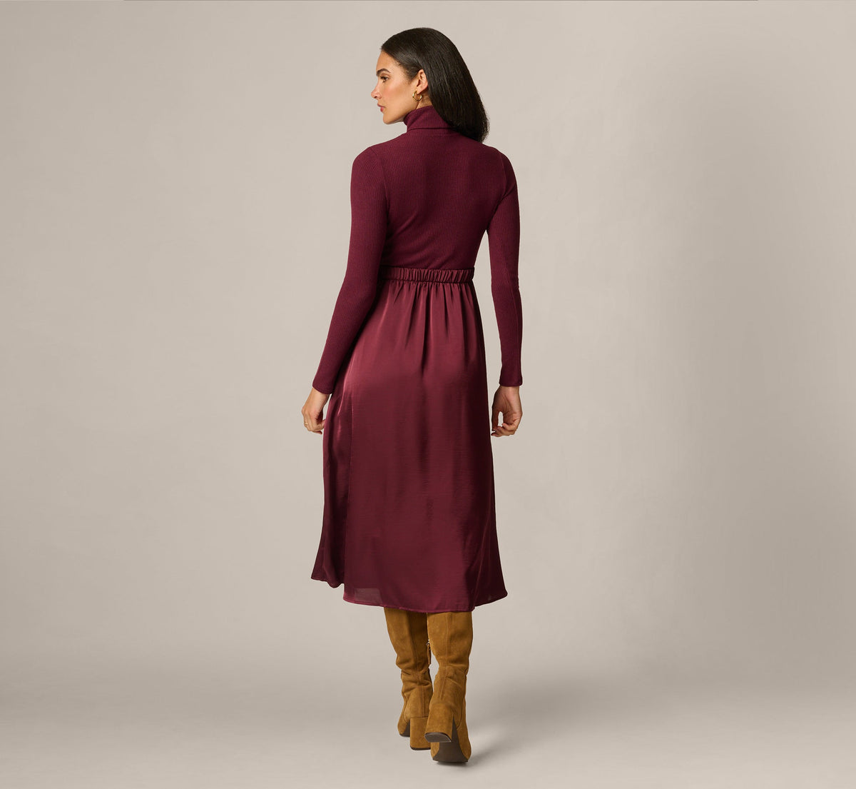 Long Sleeve Satin Combo Amelia Midi Dress - Cherry Lacquer | Adrianna Papell