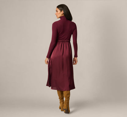 Long Sleeve Satin Combo Amelia Midi Dress - Cherry Lacquer | Adrianna Papell