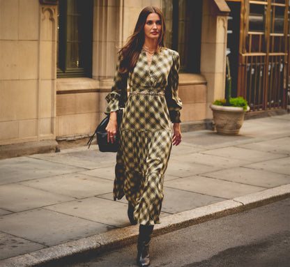 Long Sleeve Plaid Sophia Tiered Maxi Dress - Olive Multi | Adrianna Papell
