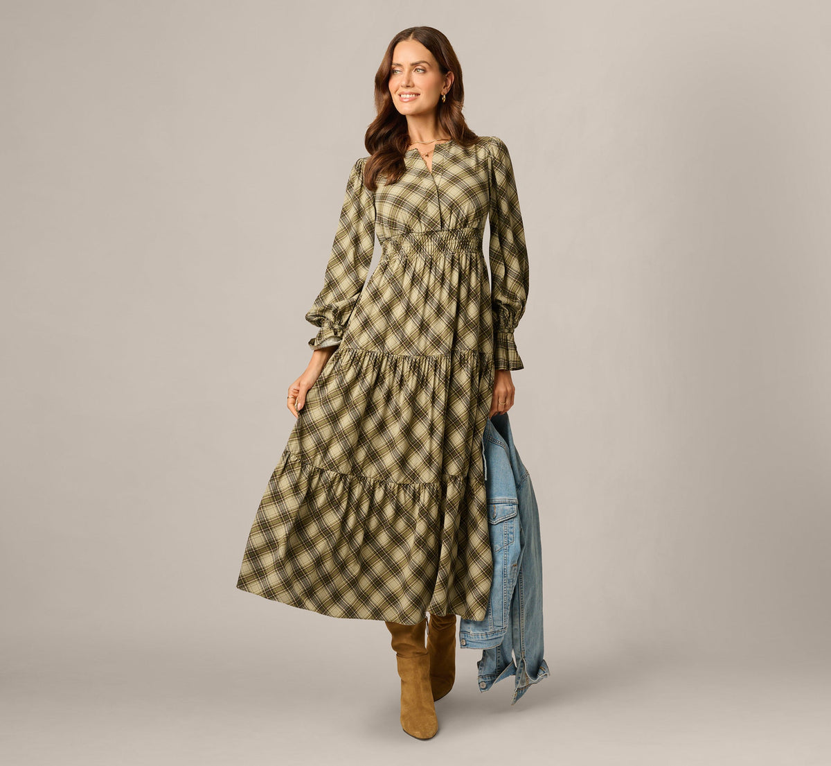 Long Sleeve Plaid Sophia Tiered Maxi Dress - Olive Multi | Adrianna Papell