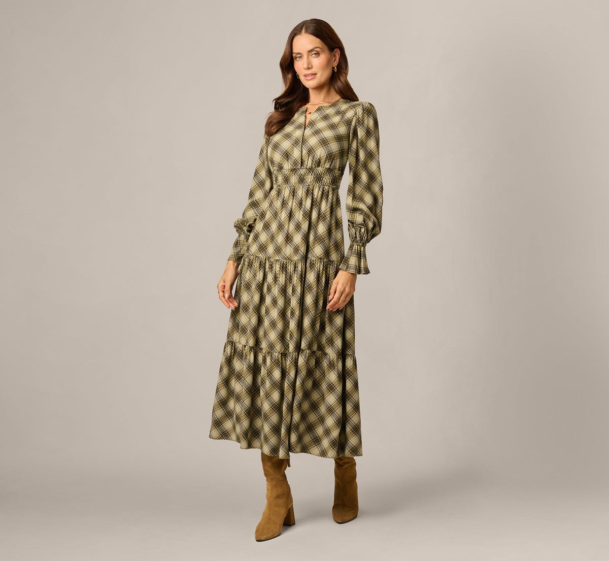 Long Sleeve Plaid Sophia Tiered Maxi Dress - Olive Multi | Adrianna Papell