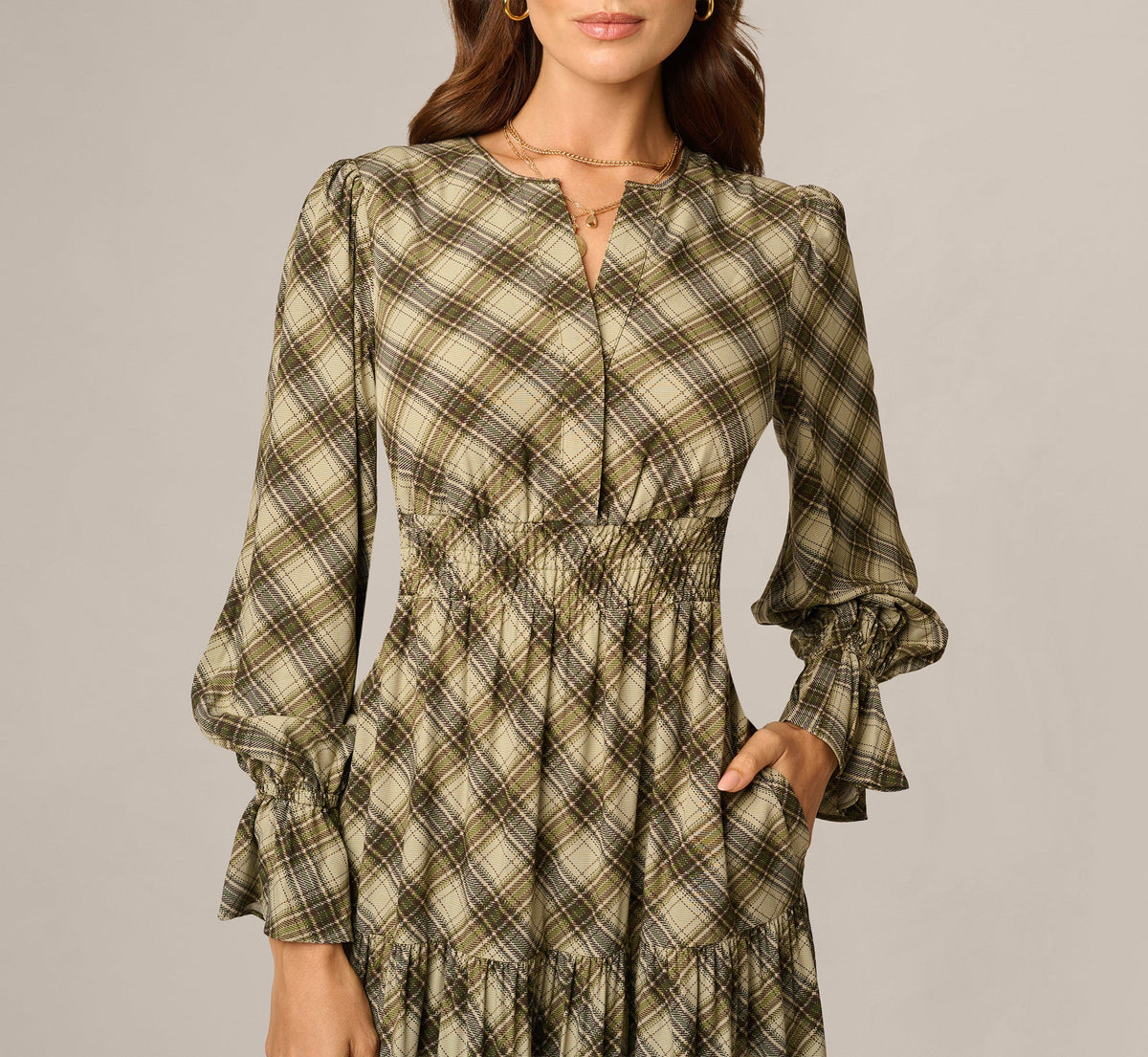 Long Sleeve Plaid Sophia Tiered Maxi Dress - Olive Multi | Adrianna Papell