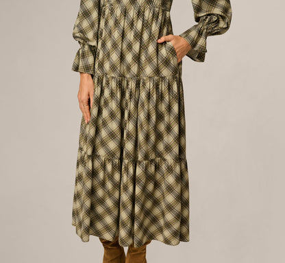 Long Sleeve Plaid Sophia Tiered Maxi Dress - Olive Multi | Adrianna Papell