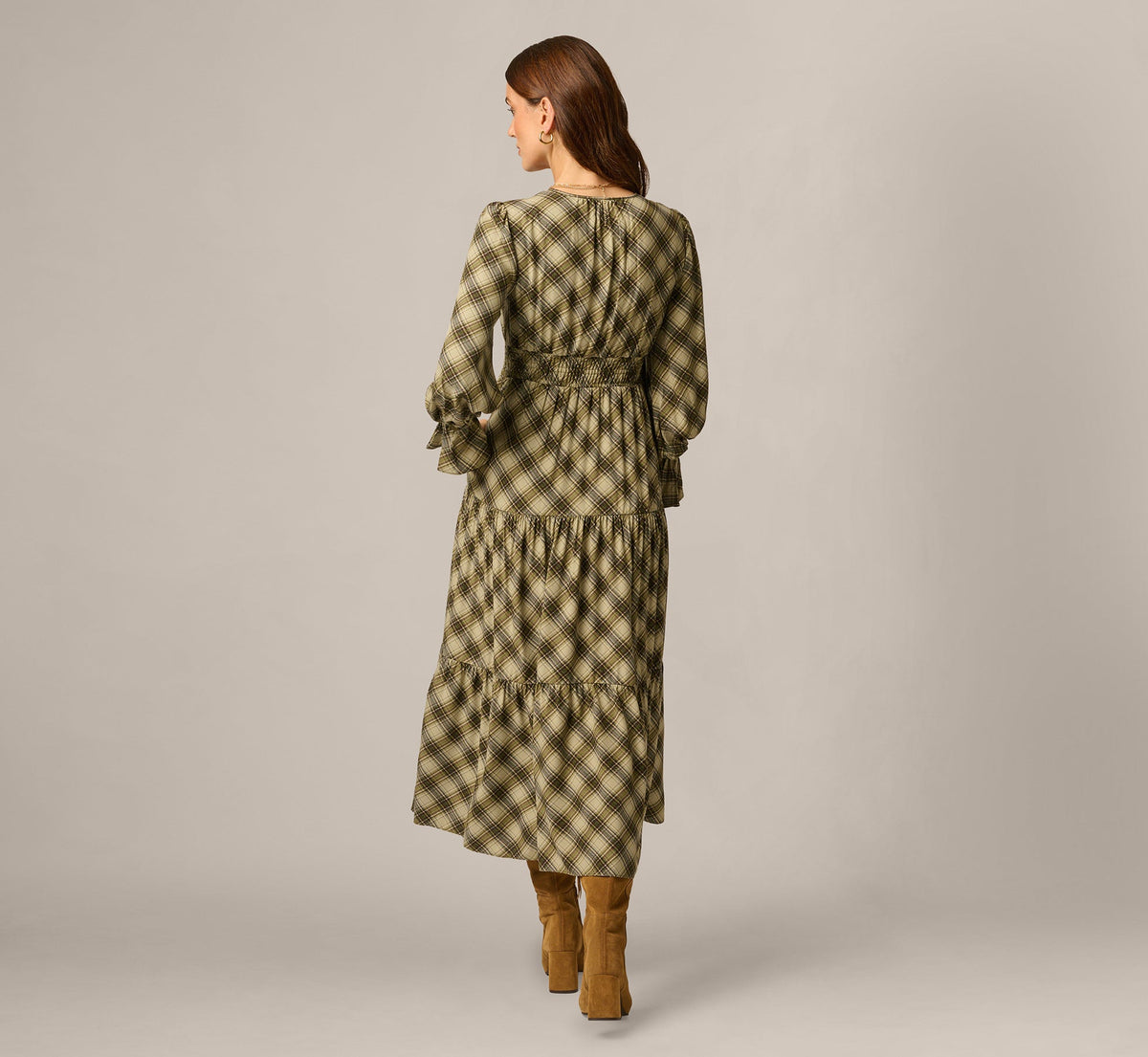Long Sleeve Plaid Sophia Tiered Maxi Dress - Olive Multi | Adrianna Papell