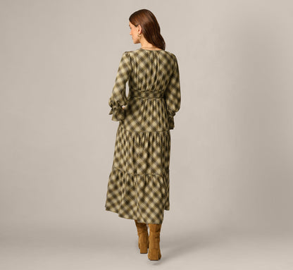 Long Sleeve Plaid Sophia Tiered Maxi Dress - Olive Multi | Adrianna Papell