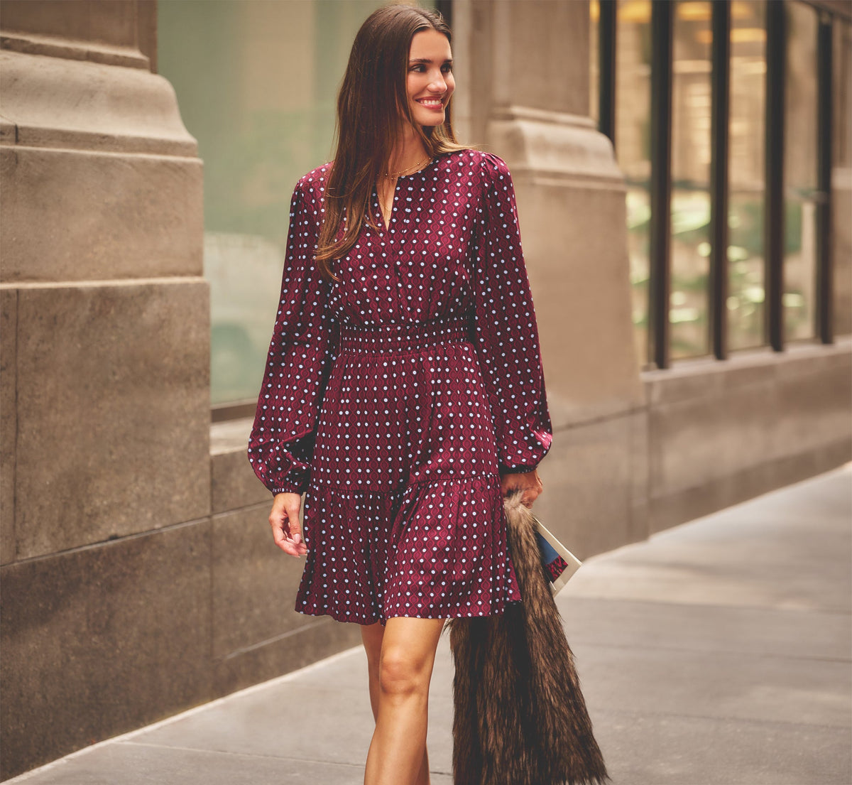 Long Sleeve Geo Printed Short Sophia Dress - Cherry Multi | Adrianna Papell