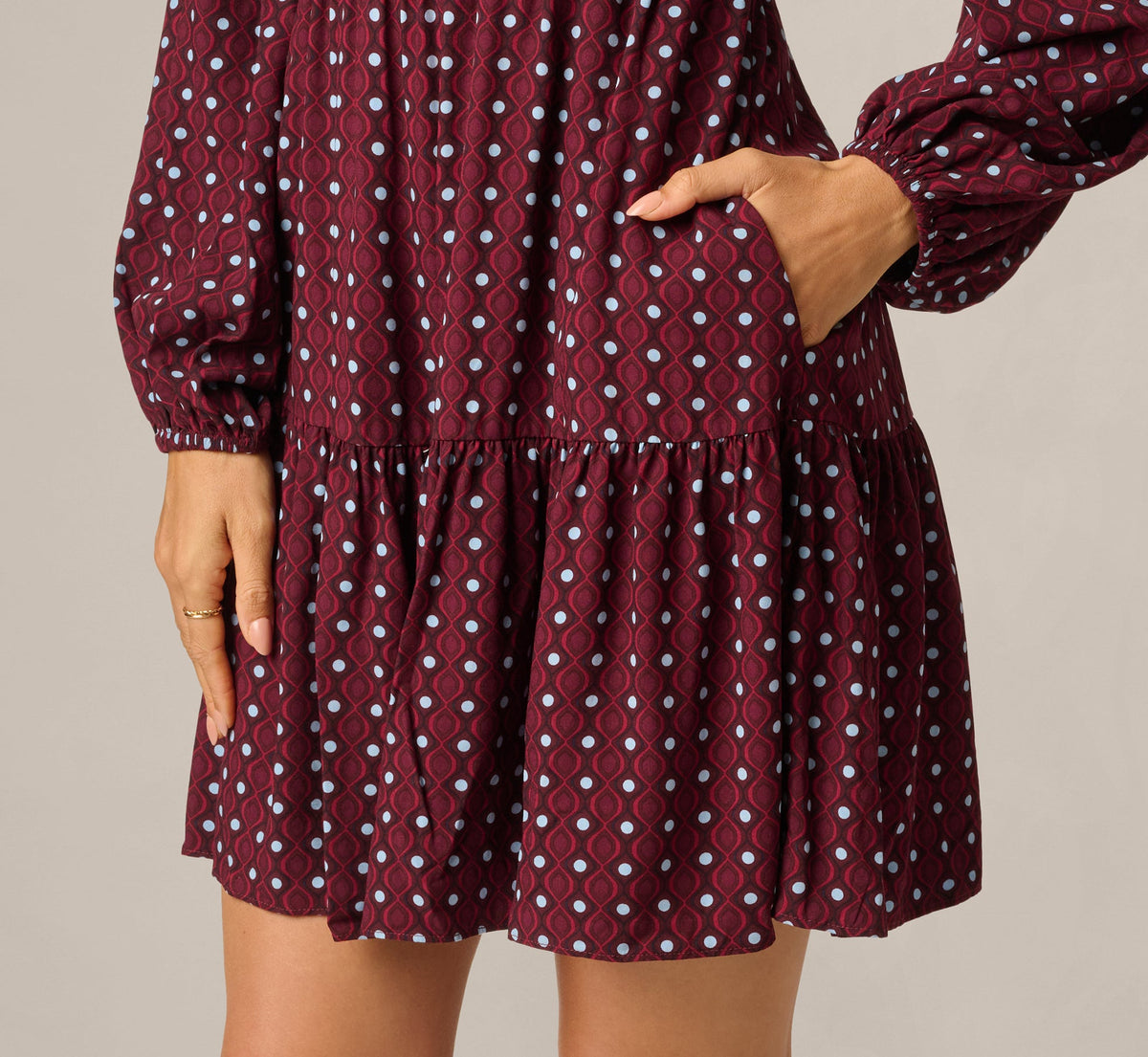 Long Sleeve Geo Printed Short Sophia Dress - Cherry Multi | Adrianna Papell