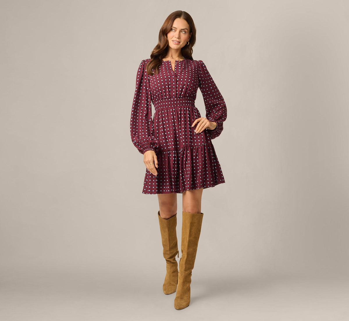 Long Sleeve Geo Printed Short Sophia Dress - Cherry Multi | Adrianna Papell