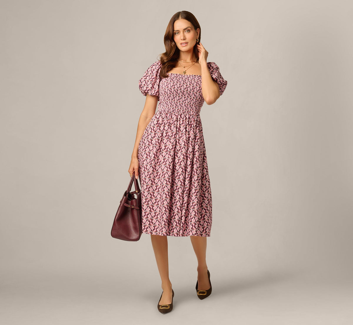 Puff Sleeve Printed Blaire Midi Dress - Blush Brown Multi | Adrianna Papell