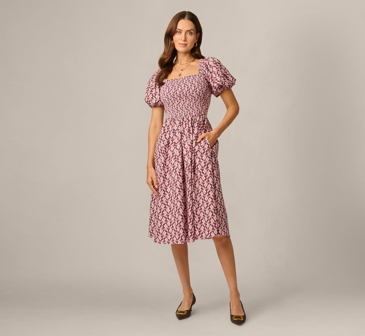 Puff Sleeve Printed Blaire Midi Dress - Blush Brown Multi | Adrianna Papell