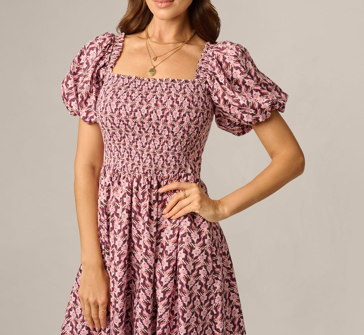 Puff Sleeve Printed Blaire Midi Dress - Blush Brown Multi | Adrianna Papell