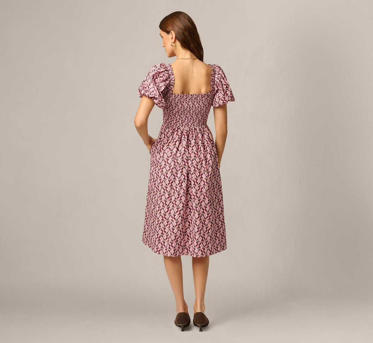 Puff Sleeve Printed Blaire Midi Dress - Blush Brown Multi | Adrianna Papell