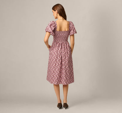 Puff Sleeve Printed Blaire Midi Dress - Blush Brown Multi | Adrianna Papell