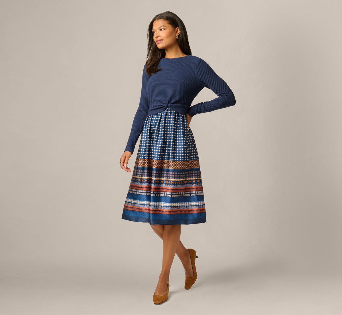 Long Sleeve Twist Waist Midi Amelia Dress - Navy Mustard | Adrianna Papell