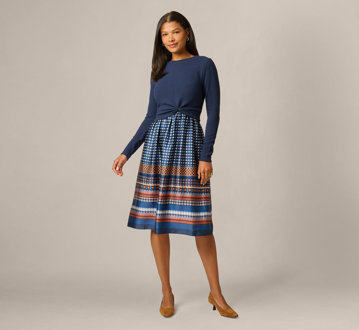 Long Sleeve Twist Waist Midi Amelia Dress - Navy Mustard | Adrianna Papell