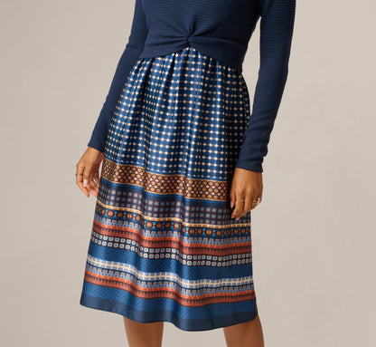 Long Sleeve Twist Waist Midi Amelia Dress - Navy Mustard | Adrianna Papell