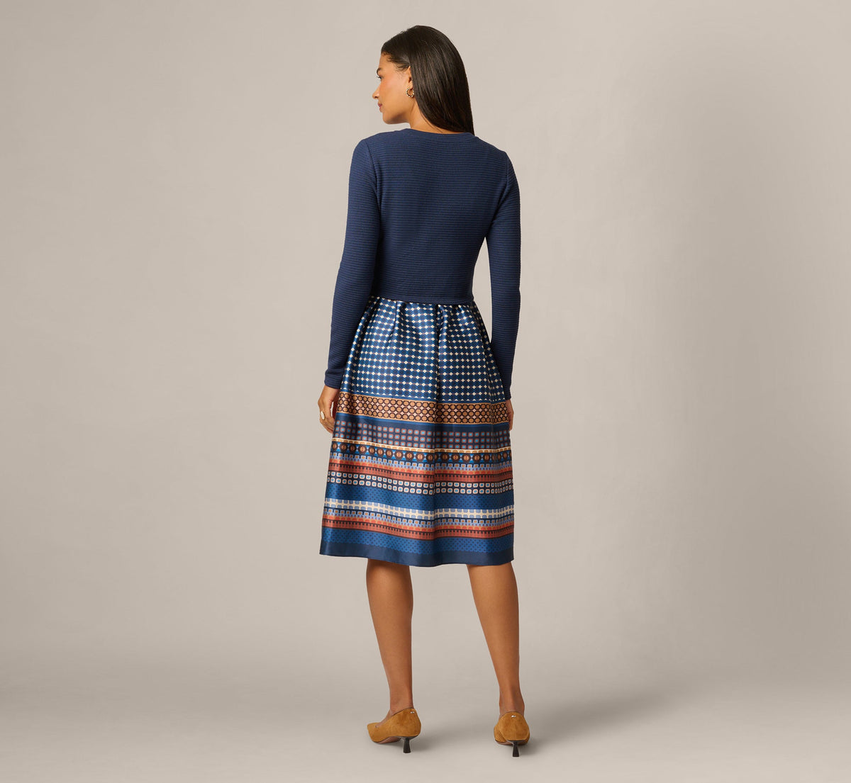 Long Sleeve Twist Waist Midi Amelia Dress - Navy Mustard | Adrianna Papell