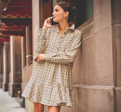 Long Sleeve Tweed Short Hailey Dress - Parchment | Adrianna Papell