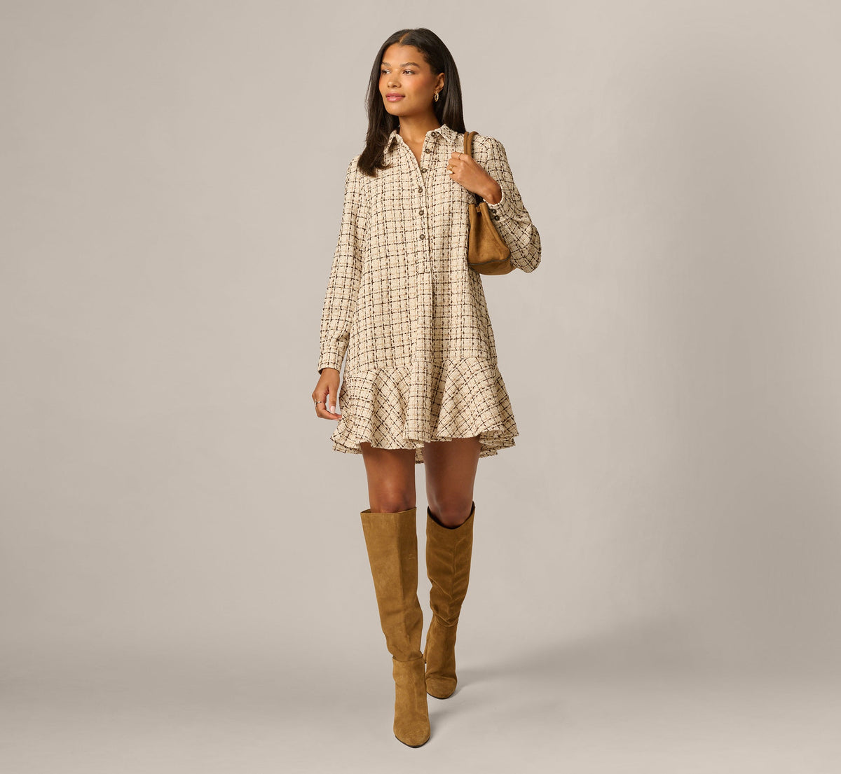 Long Sleeve Tweed Short Hailey Dress - Parchment | Adrianna Papell
