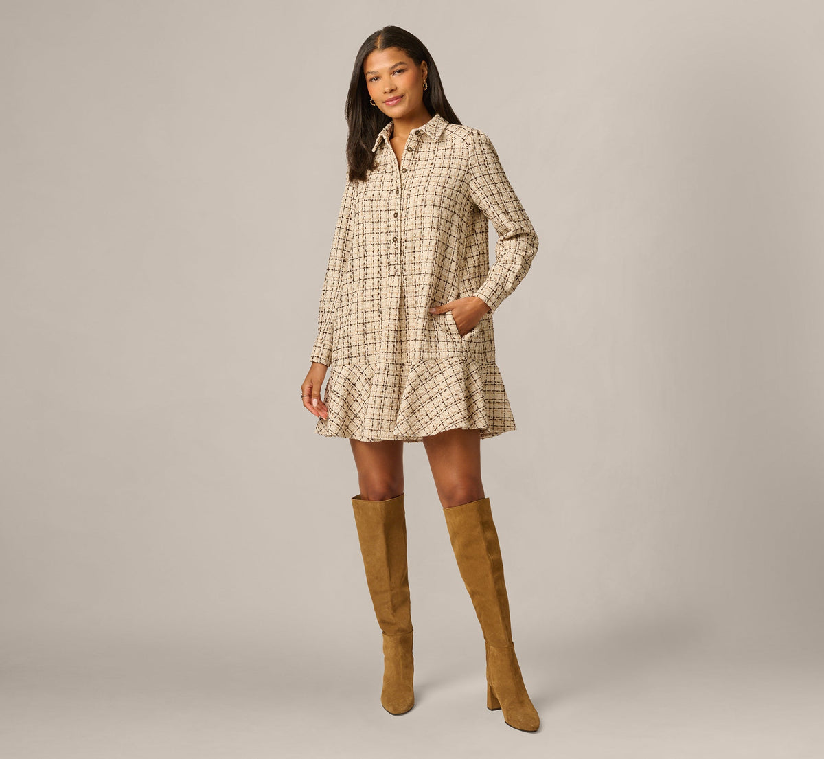 Long Sleeve Tweed Short Hailey Dress - Parchment | Adrianna Papell