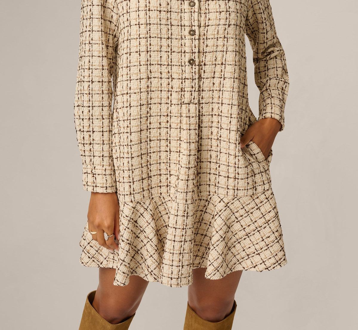 Long Sleeve Tweed Short Hailey Dress - Parchment | Adrianna Papell