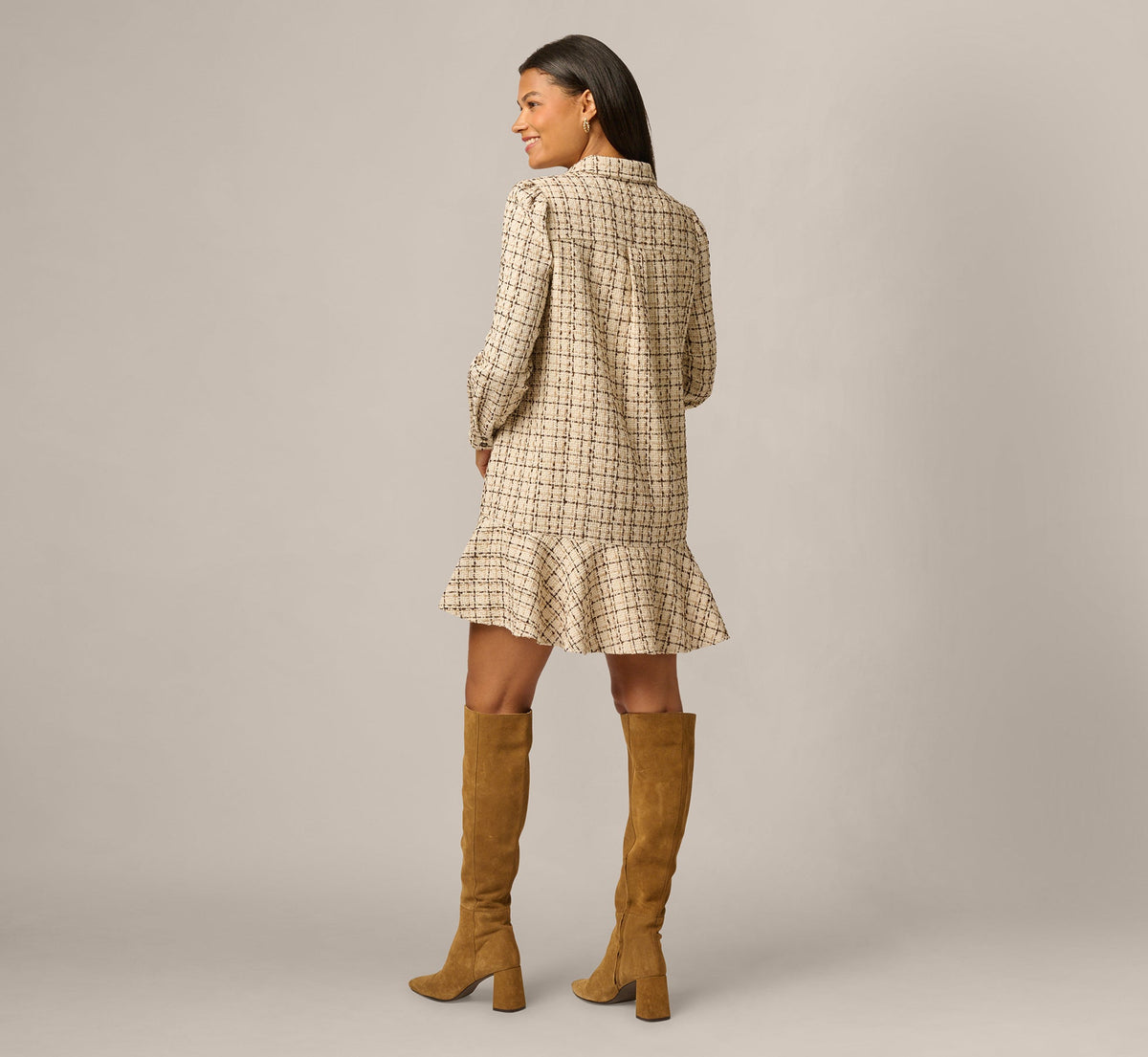 Long Sleeve Tweed Short Hailey Dress - Parchment | Adrianna Papell
