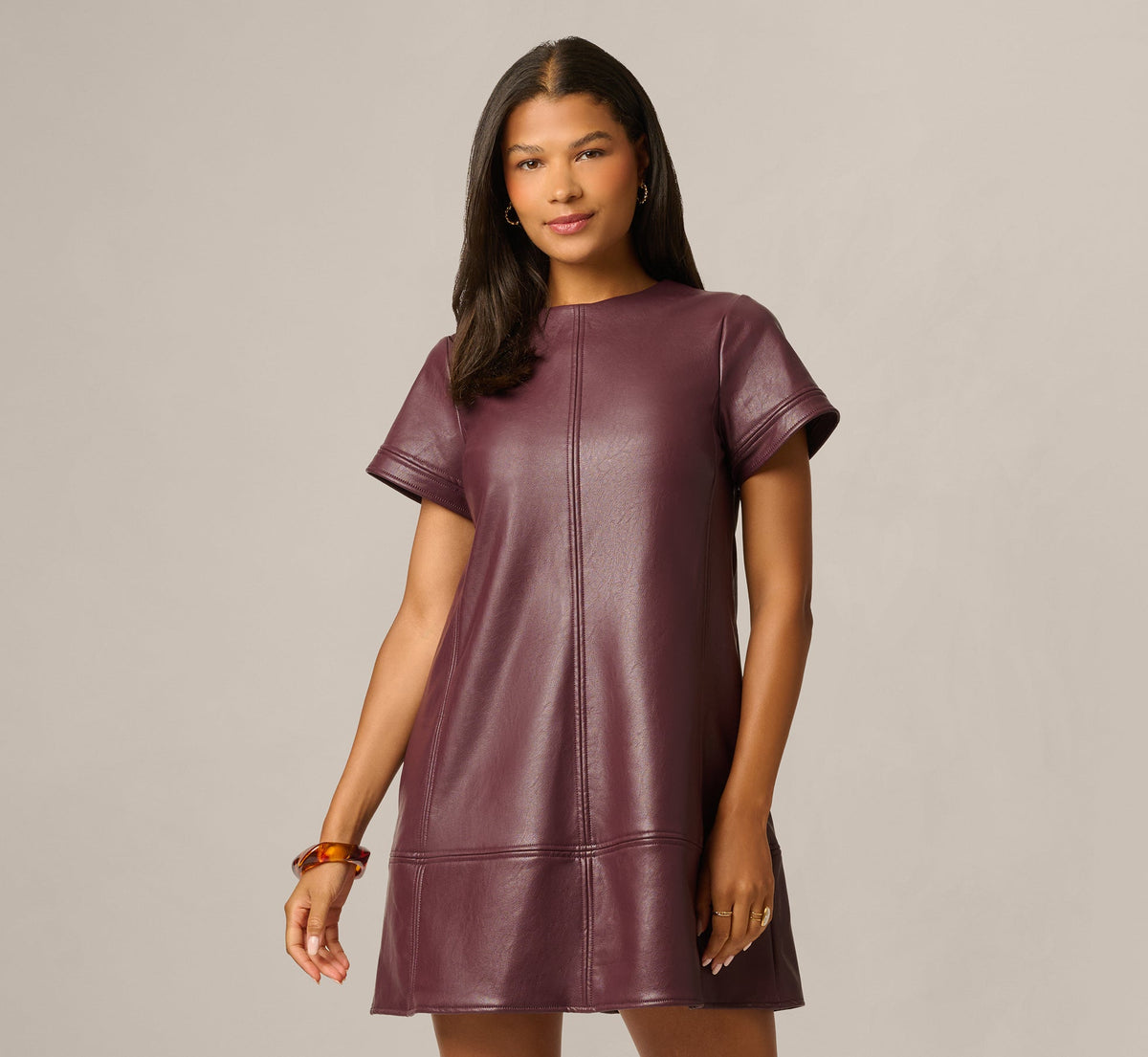 Short Sleeve Faux Leather Everyday Shift Dress - Black Cherry | Adrianna Papell