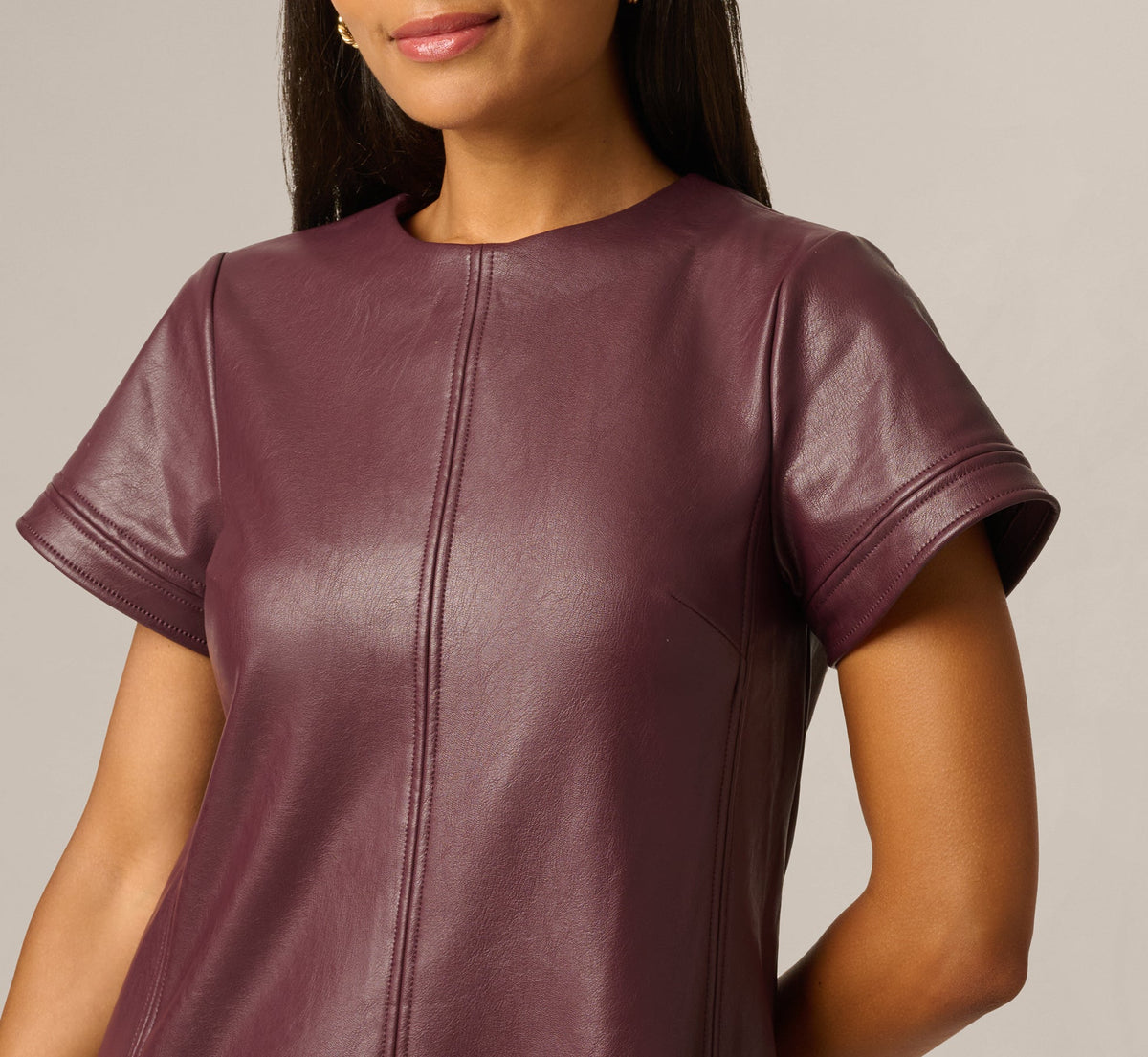 Short Sleeve Faux Leather Everyday Shift Dress - Black Cherry | Adrianna Papell