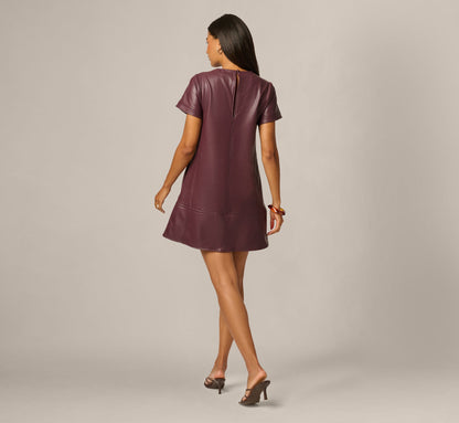 Short Sleeve Faux Leather Everyday Shift Dress - Black Cherry | Adrianna Papell