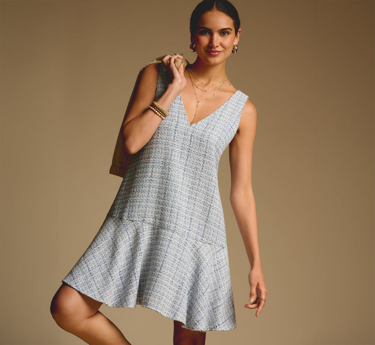 Tweed Short Hailey Dress - Steel Blue Multi | Adrianna Papell