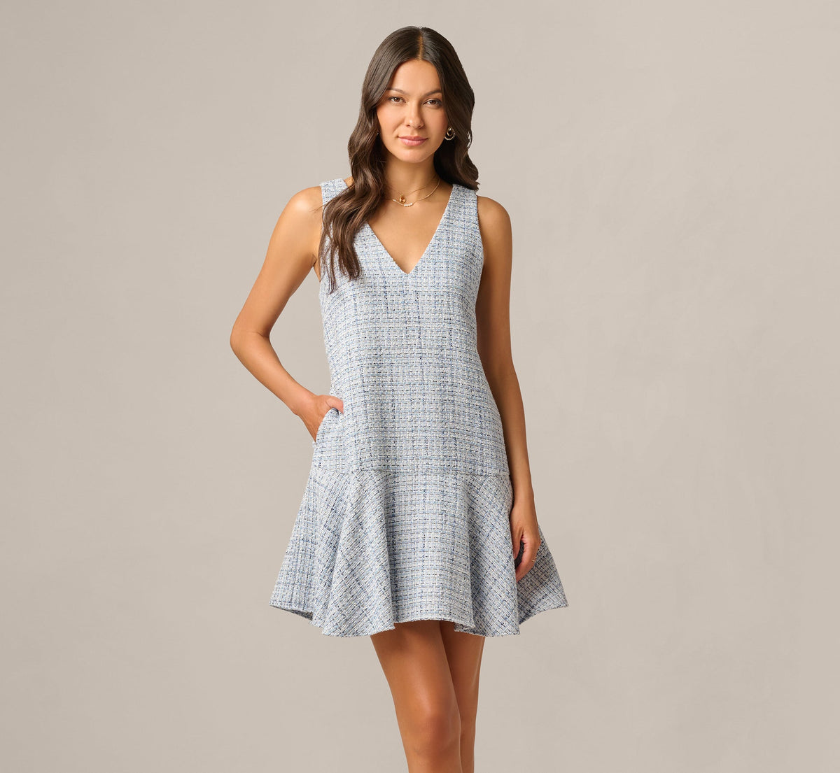 Tweed Short Hailey Dress - Steel Blue Multi | Adrianna Papell