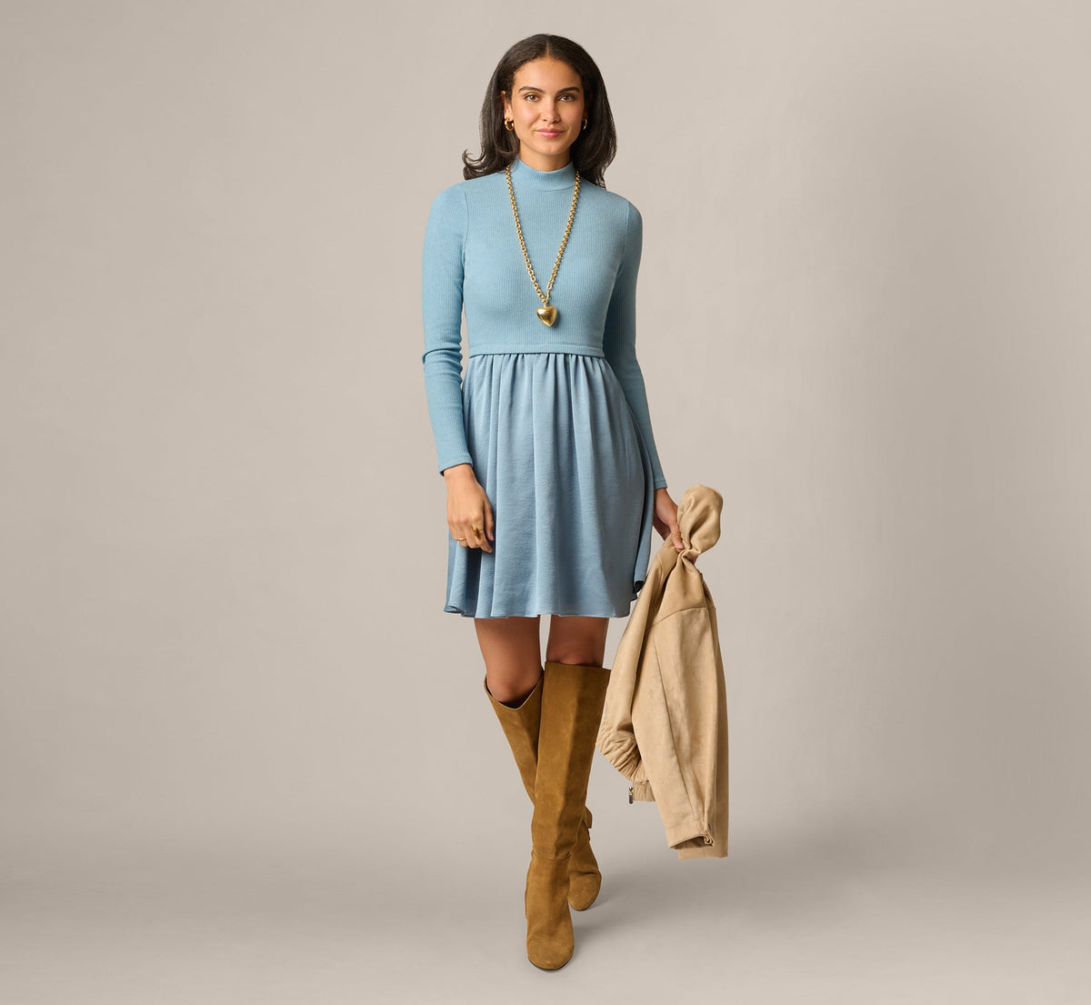 Long Sleeve Amelia Short Dress - Steel Blue | Adrianna Papell
