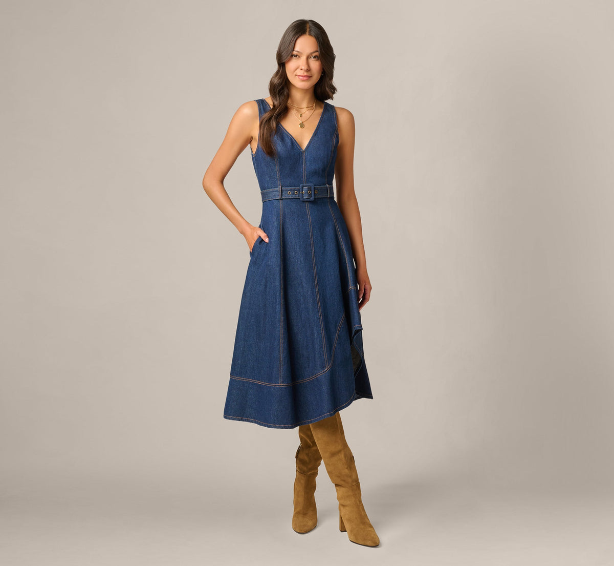 Denim Hitch Hem Everyday Midi Dress - Navy | Adrianna Papell