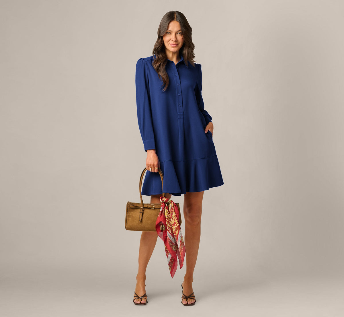 Long Sleeve Flounce Hem Hailey Dress - Classic Navy | Adrianna Papell