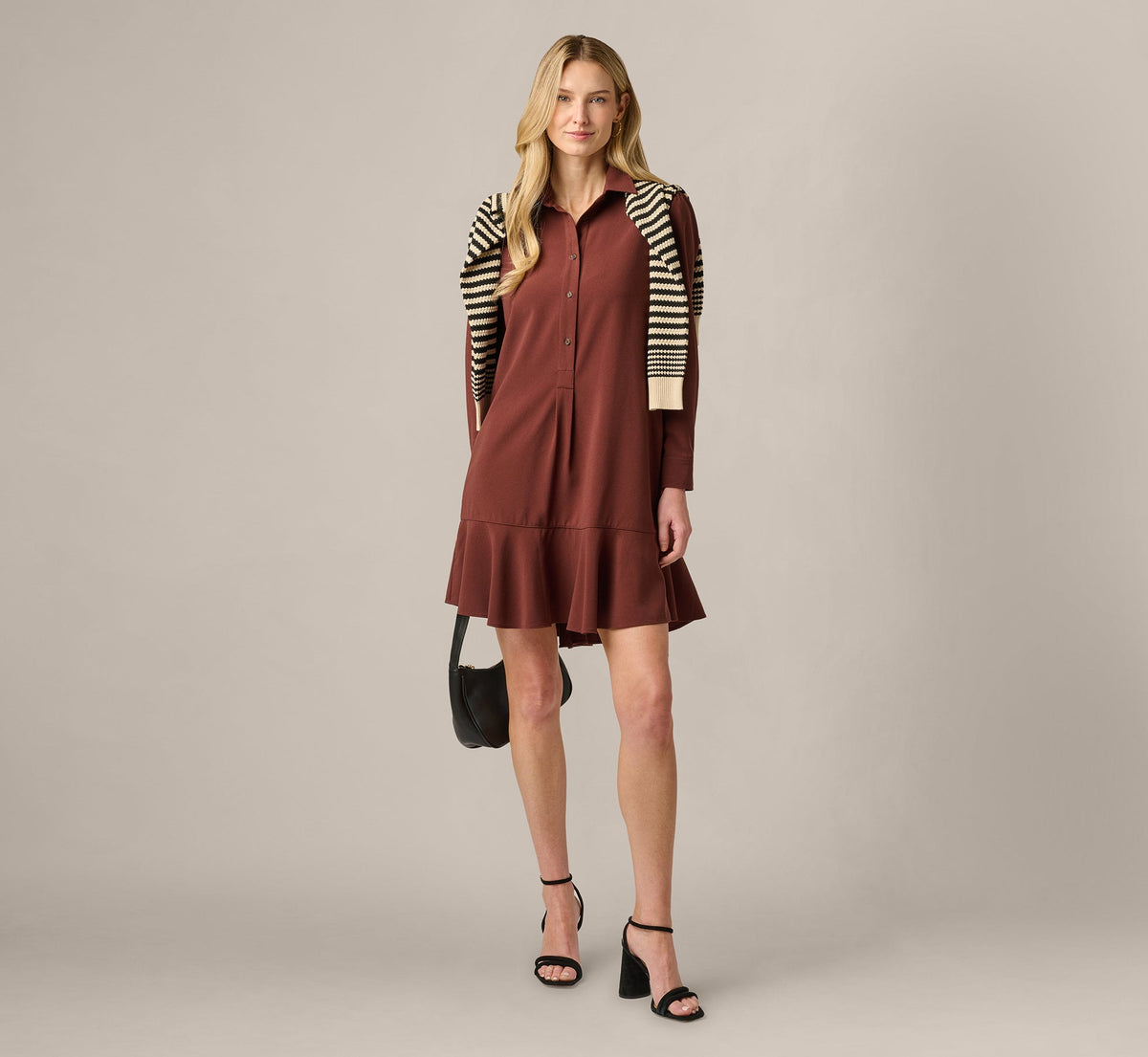 Long Sleeve Flounce Hem Hailey Dress - Chocolate | Adrianna Papell