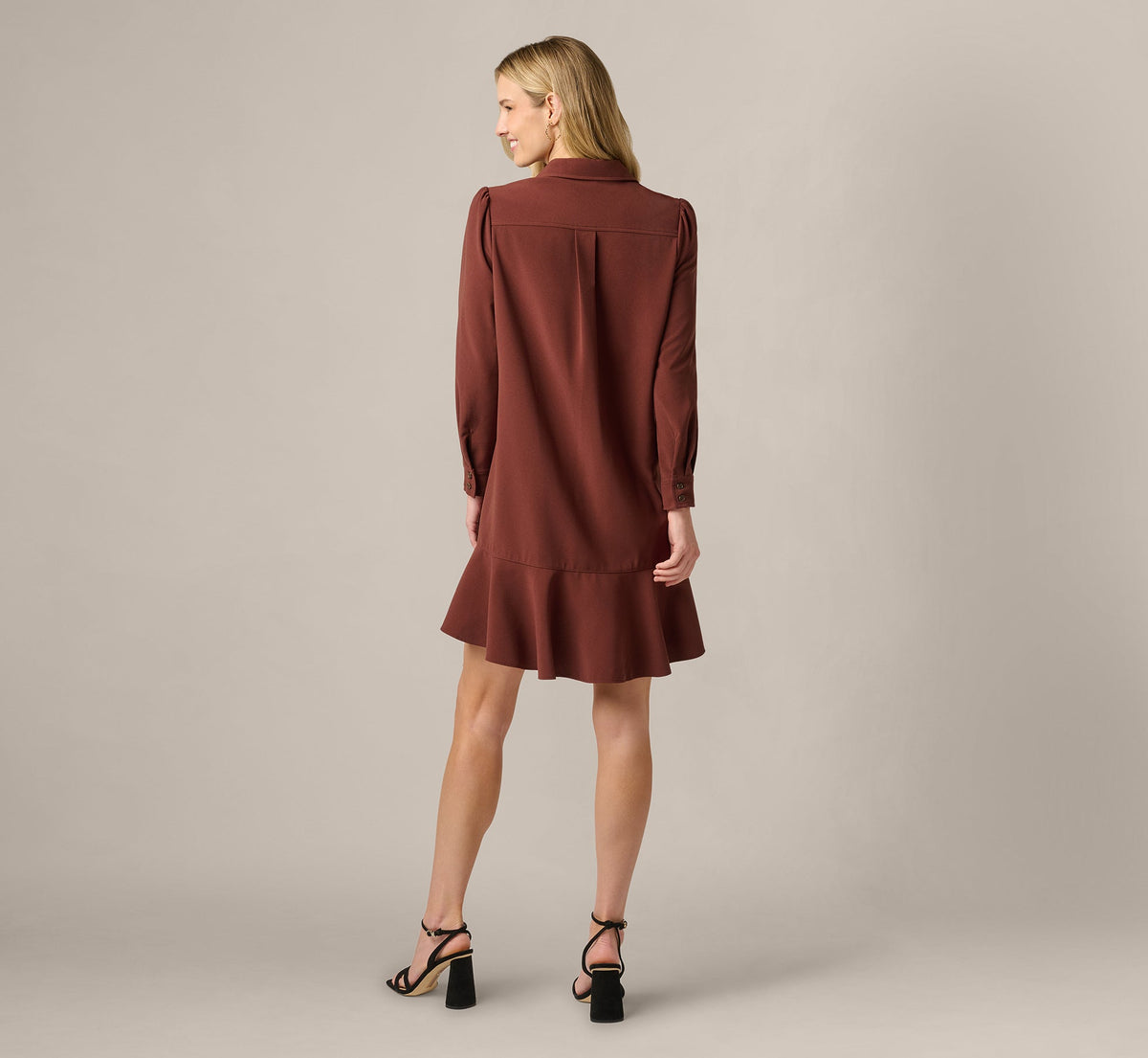 Long Sleeve Flounce Hem Hailey Dress - Chocolate | Adrianna Papell