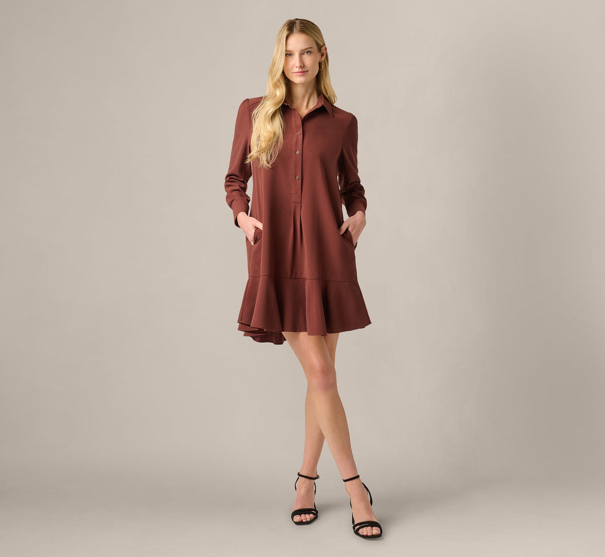 Long Sleeve Flounce Hem Hailey Dress - Chocolate | Adrianna Papell