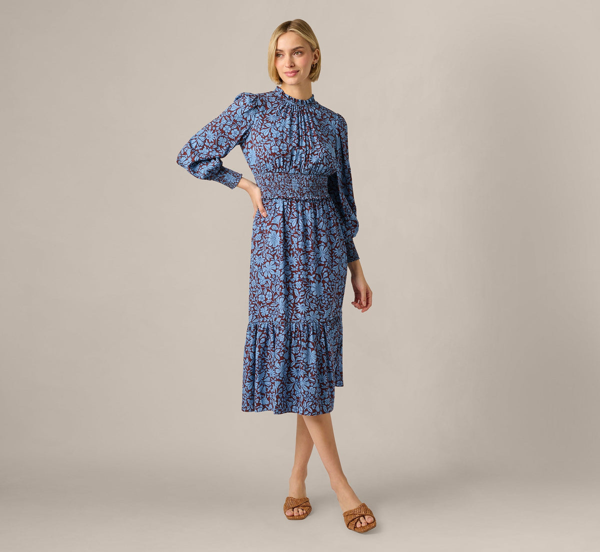 Long Sleeve Floral Print Mia Midi Dress - Brown Blue | Adrianna Papell