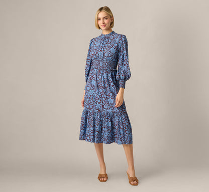 Long Sleeve Floral Print Mia Midi Dress - Brown Blue | Adrianna Papell