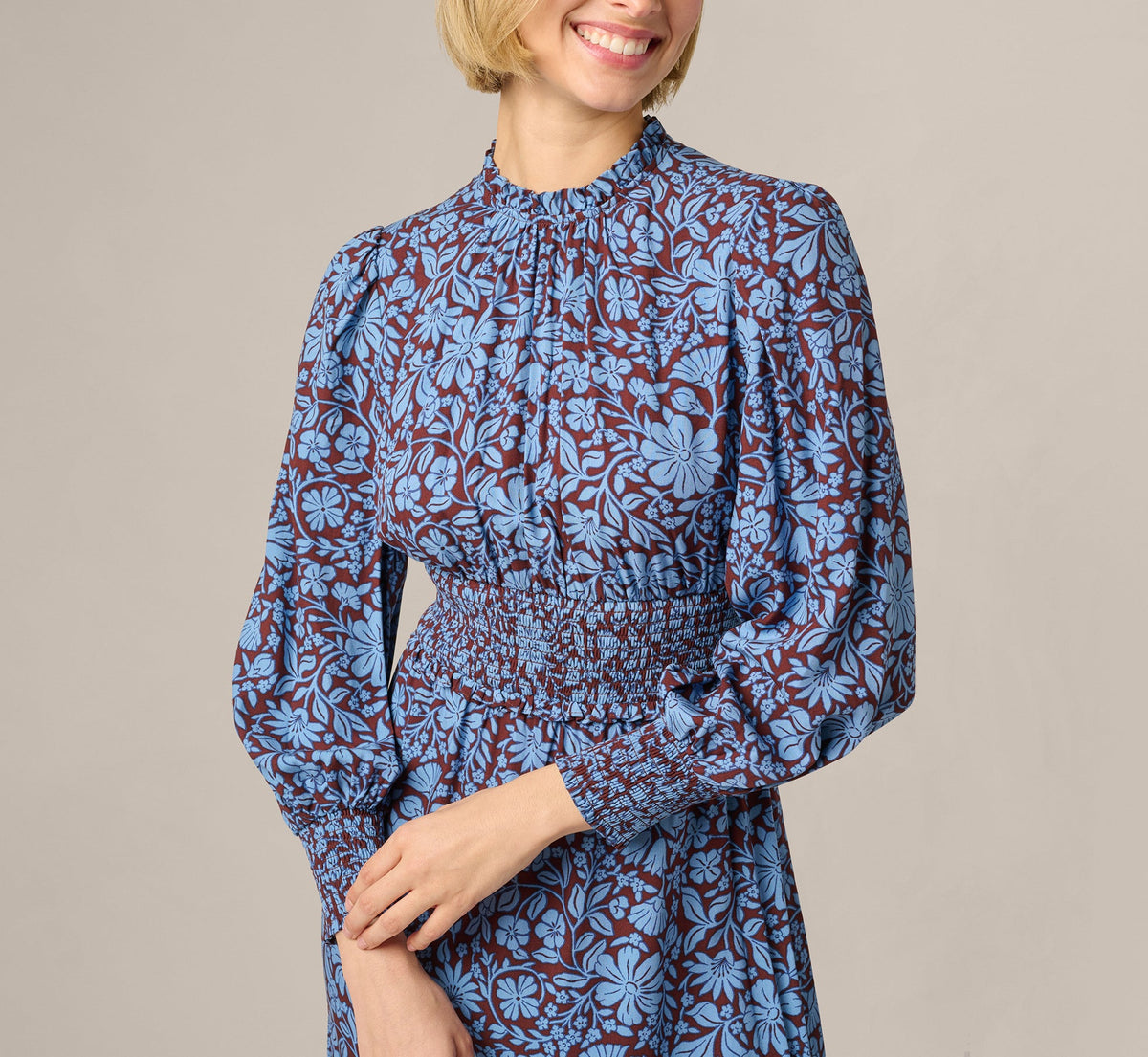 Long Sleeve Floral Print Mia Midi Dress - Brown Blue | Adrianna Papell